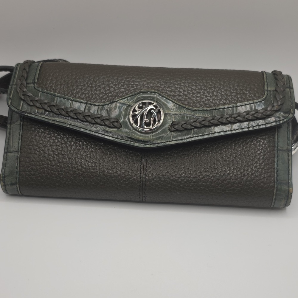 Brighton Wristlet, crossbody Wallet Dark Brown Gree,  Braided Trim Zipper Strap